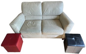 Cream Leather Love Seat & Faux Leather Ottomans/ Storage Bins