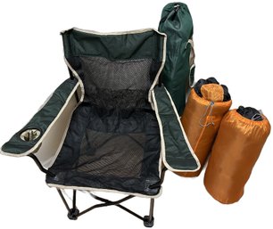 2  Pieces Green Camping Chairs & 2 REI Sleeping Bags - 30x21x35