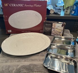 Ceramic Turkey Platter 18 & Breading Pan Set Of 3