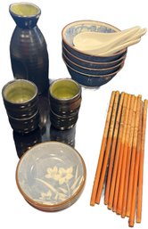 Sake Set (7 Tall), Soup Bowls (6) & Spoons, Sauce Plates (4) & Chop Sticks (10)