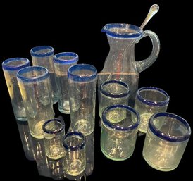 Blue Trimmed Hand Blown Glass Pitcher And Glass Set 3.5-9