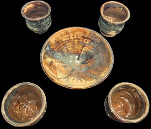 Pottery Bowl 7x4 & 4 Glazed Pottery Cups - 3x3.5