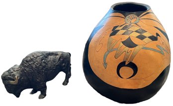 Southwestern Painted Gourd (10x8) & Bison Statue (8x5)