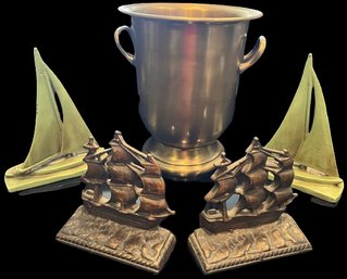 Home Decor, Brass Colored Container (9') & 2 Sets Of Ship Bookends 6' & 8'