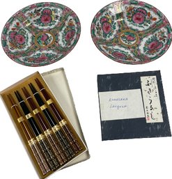 Porcelain Bowls, New In Box, Chopsticks, Kanazawa Lacquer