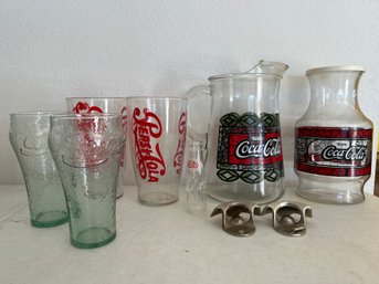 Pepsi Cola & Coca Cola Glassware  Stationary Bottle Openers- Largest Pitcher Is 6Wx9H