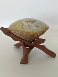 Geode Rock On A Wooden Mid Century Teak Stand. Diameter Of The Rock Is 4'. The Total Piece Stands 4' Tall