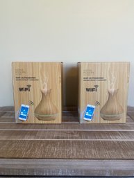 2 NIB Sierra Modern Home WiFi Ultrasonic Aromatherapy Humidifier. Wood Tone.