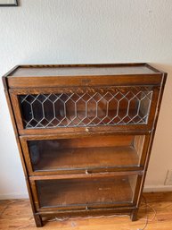 Antique Oak Lundstrom 3 Stack Stacking Barristers Lawyers Bookcase Leaded Glass - 34Lx10.5Wx50.5H