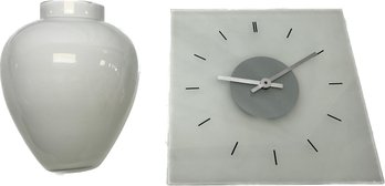 White Glass Vase (8.5x7in) And Frosted Glass Clock (11x11in  Missing Back Battery Cover)