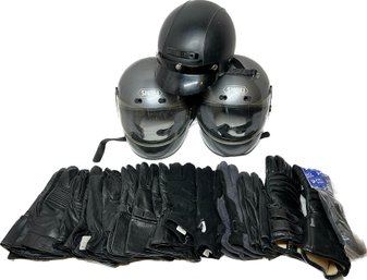Shoei Helmet Size Large (2), Leather Helmet Size Large, Collection Of Used And Unused Gloves (sizes L, XL,XXL)