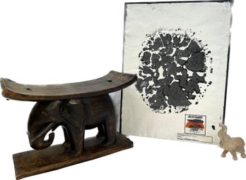 Wood Elephant Bench Made In Ghana, Stone Carved Elephant, And Elephant Foot Painting