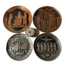 Indo-Persian Copper & Silver Colored Plates And Coasters, Plates Are Approximately 12'