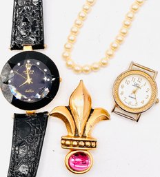 Vintage Ladies Watches, Untested. Faux Pearl Necklace. Goldtone Brooch With Gemstone, Made In W. Germany.