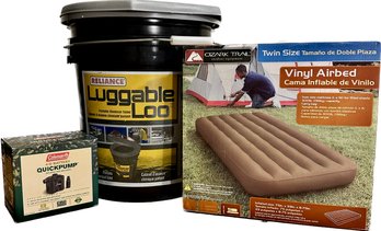 Reliance Luggable Loo Camping Toilet, Ozark Trail Twin Inflatable Airbed & Coleman 4-D Battery Quickpump