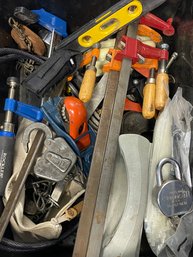 Bin Of Garage Tools Including Grips/clamps, Light Chains, Antique Locks Zip Ties And More