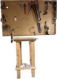 Wooden Work Table (24x24x38) And Assorted Tools- Saws, Brushes, Squares, Levels. Does Not Include Tool Board