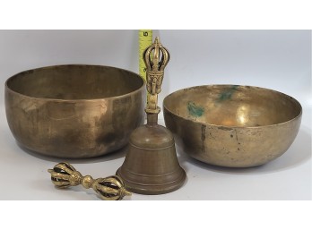 2 Tibetan Singing Bowls With A Bell And Dorje