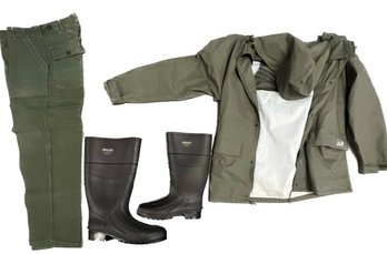 Classic Black Boots By Servus Honeywell In Size 10, Pants And Olive Green Hoodie Jacket