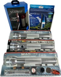 SteriPEN Classic Handheld Water Purifier, Miniworks Ex Microfilter, MagLite Flashlight, MagLite LED Flashlight