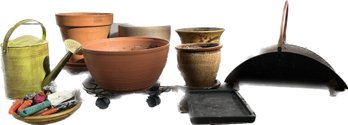 Set Of Indoor & Outdoor Pots With Drip Trays. Includes Watering Can, Decorative Basket, & Misc Tools