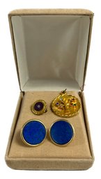 14K Gold Earrings With Blue Accent, Gold Colored Necklace Charm With Gem Stones, And Lapel Pin