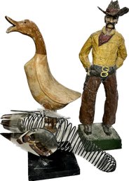 Wood Duck, Cowboy Figurine, Metal Wobbly Bird Decor