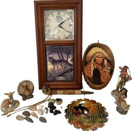 Collection Of Stone Arrow Heads With Native American Themed Decor Including Figurines, Pipe & Many More