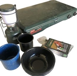 Camping Supplies, Untested Propane Stove, Working Battery Lantern, Black Enamel Bowls, Enamel Cups And More