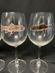 (3) Hand Painted Trout Wine Glasses, (3) Medium Glass Cups, (3) Smaller Glass Cups