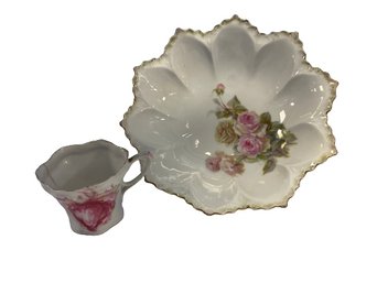 Antique RS Prussia Miniature Teacup (3x2) And Serving Bowl With Pink Roses (7x7x3)