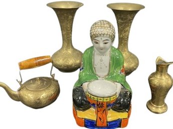Brass Vases & Tea Pot & Ceramic Figurine