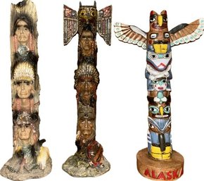 Three American Indian Themed Totem Pole Replicas (Approximately 8.5in Tall)