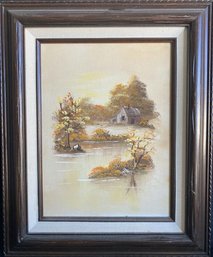 Cottage On Water Painting (14x17) Signed By Freda Duncan