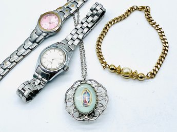 Religious Pendant/silvertone Chain. Vintage Ladies Watches, Untested-timex. Faux Pearl Goldtone Bracelet