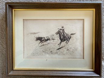 Framed Rancher Lassoing Bull By Edward 18x1.5x14