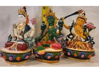 Colorful Chenrezig, Green Tara, Manjushri Statues