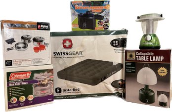 Swissgear Full Size Instabed W/built In Pump, Collapsible Table Lamp, Coleman Dual Fuel Stove, Camp Cookware