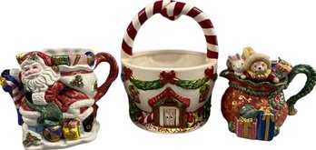 Ceramic Christmas Decor From Fitz And Floyd Including A Mug, Holiday Snack Bowl And Figurine
