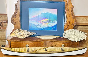 Sailboats In Harbor Framed Print, Signed, Wood Boats, Seashell & Coral