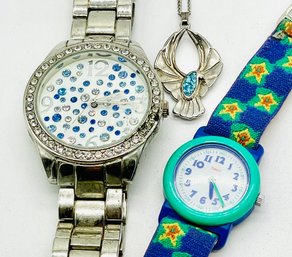 Vintage Gemstone/Silvertone  Novelty Watch. Timex Children's Watch. Turqiouse & Silvertone Pendant And Chain.