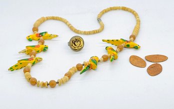 Wood Parrot Necklace, Momento Tokens From Parrot Jungle, Island, Rose Carved Adjustable Ring
