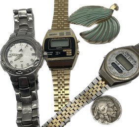 Vintage Ladies Watches, Untested - Adidas, Nelsonic, Criterion. Green Brooch, 1936  Buffalo Nickel