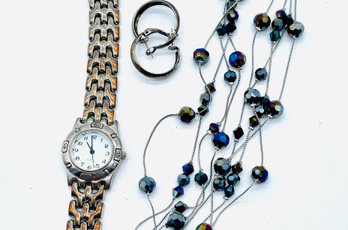 Vintage Ladies Watch, Silvertone/copper Accent. Gemstone Necklace, Purple/blue. Pierced Silvertone Earrings.
