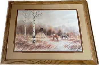 Native American With Horses Print Signed By Artist 31Wx24H
