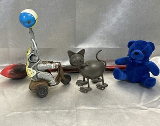 Elephant On Bike, Metal Cat, Blue Plush Bear, Large Wood Paintbrush: Decor