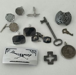 Buffalo Nickel Set, Half Dollar Pendant, Assorted Silver Tone Cuff Links, Roadrunner Belt Buckle