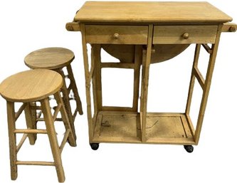 Solid Wood Rolling Adjustable Table W/ Two Stool Set   Table L28xW15xH34  Stools W11.5xH21