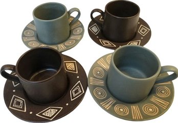 4 Pottery Barn Espresso Cups, Green And Brown