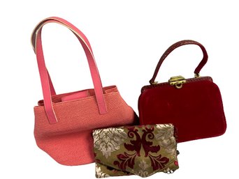 3 Purses, Largest 10x8 Coral (Talbots), Ruby Velvet (Wirtles), Floral (No Brand)